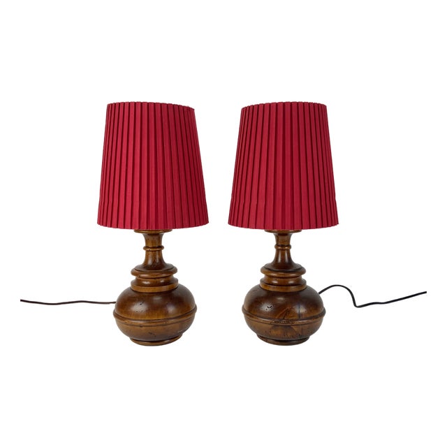 Rustic Wood and Red Paper Shade Table Lamps, 1960s, Set of 2 For Sale