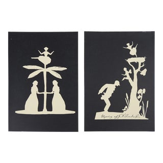 Whimsical Hans Christian Andersen Black Silhouette Papercutting Postcards - a Pair For Sale