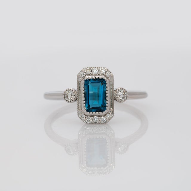 London Blue Topaz Ring With Earth Mined Diamond Accents: Solid 14k Gold, Size 6.75 For Sale - Image 4 of 8
