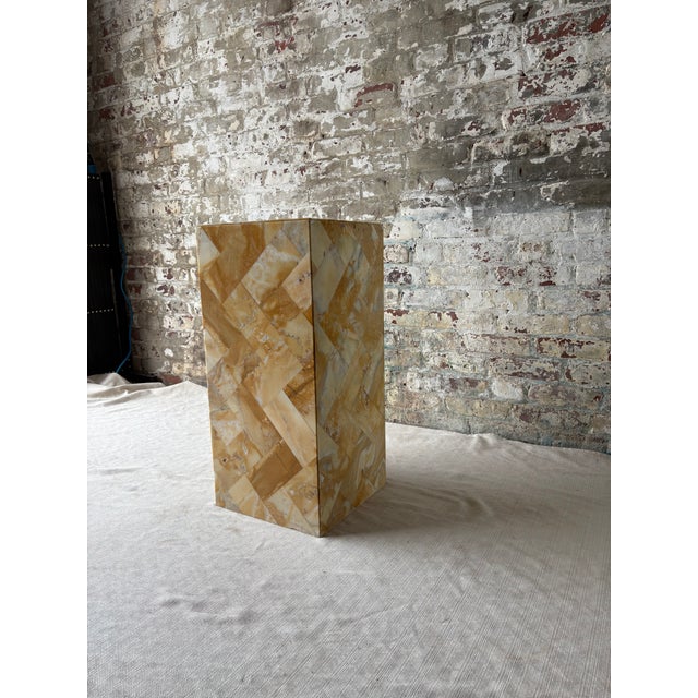 Italian Antique Golden Stone Mosaic Pedestal With Geometric Inlay For Sale - Image 3 of 10