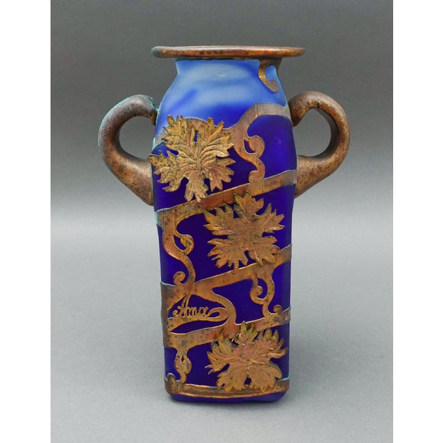 Mid 20th Century Anca Podaru Ama Romanian Copper Overlay Handled Art Glass Nouveau Vase For Sale - Image 10 of 10