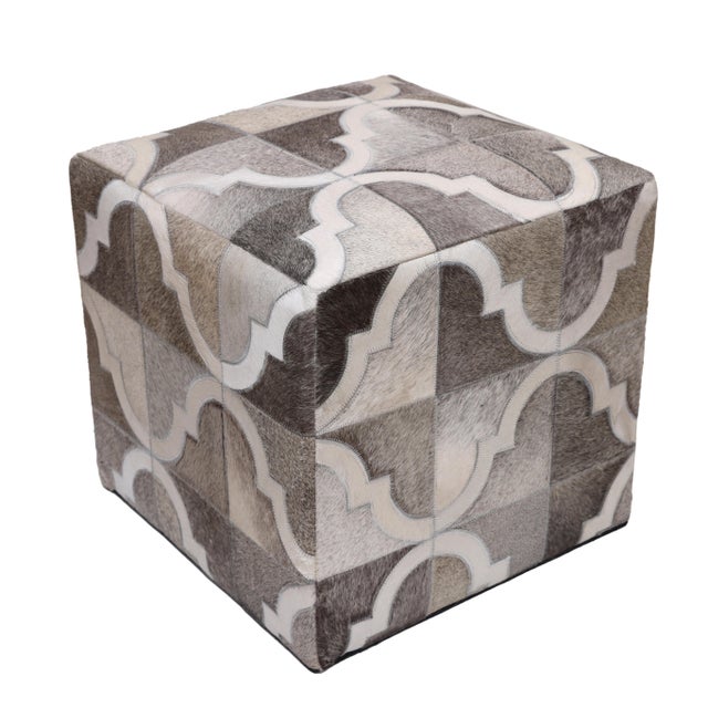 Animal Skin Handmade Quatrefoil Cowhide Leather Ottoman Pouf 18x18x18 in Neutral Cube For Sale - Image 7 of 8