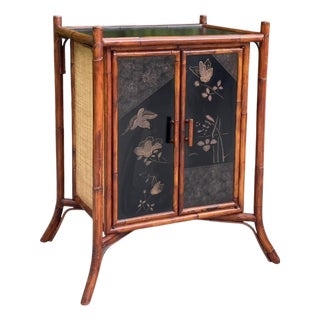 Vintage Palecek Hand-Painted Bamboo Accent Cabinet With Grasscloth Panels For Sale