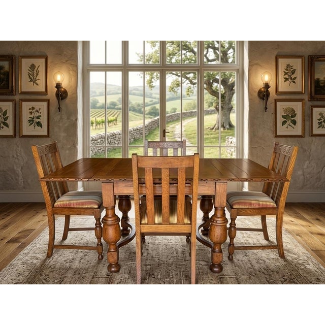 Step back in time with this breathtaking 1925 Jacobean-Elizabethan solid oak draw-leaf dining table, complete with its...
