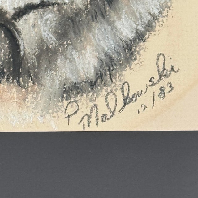 Original vintage pastel portrait of a dog, rendered with layered naturalistic color and expressive detail. The strong...