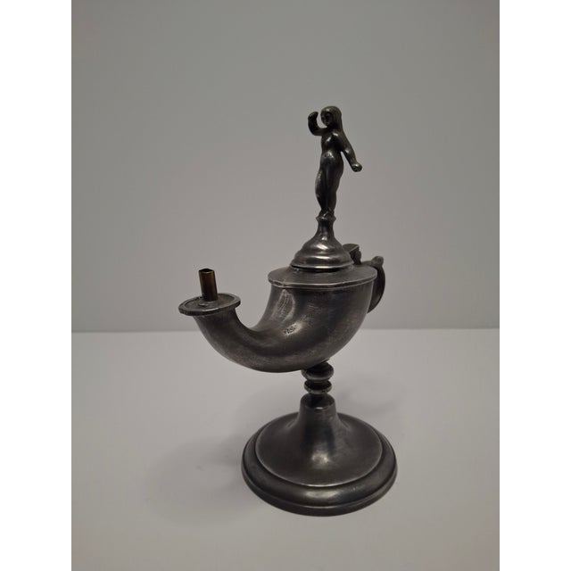 Lot of 2 - 19th C Pewter Whale Oil Fat Lamps W/ Figurine, Wick Pick, European For Sale - Image 11 of 18