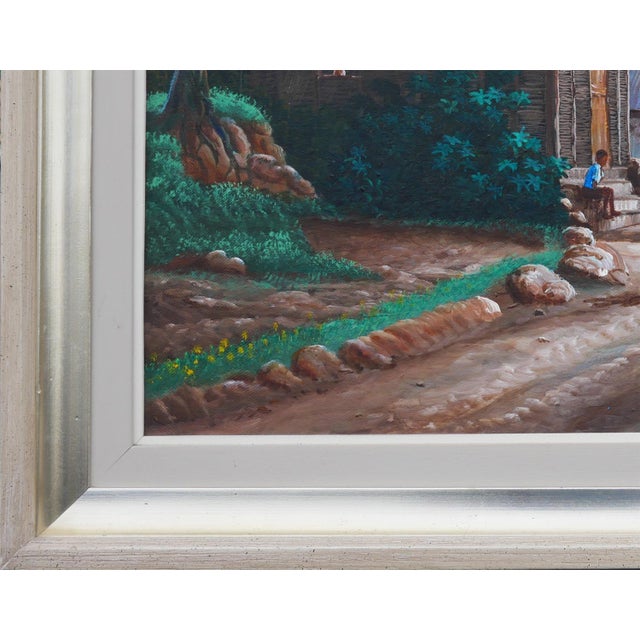 Green Jean-Felix Defournoy Modern Green & Brown Rural Village Landscape Painting with Playing Children, Late 20th Century For Sale - Image 8 of 12