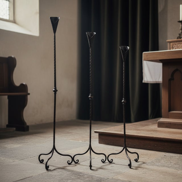 Rustic Hand Forged Iron Candelabra Set of 3 (100-120cm) Antique Copper Finish Hammered Stem with Calla Lily Cups For Sale - Image 3 of 10