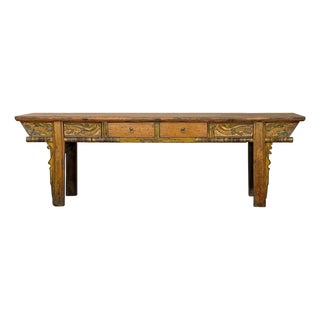 Vintage Chinese Orange Yellow Long Dragon Carving Console Table For Sale