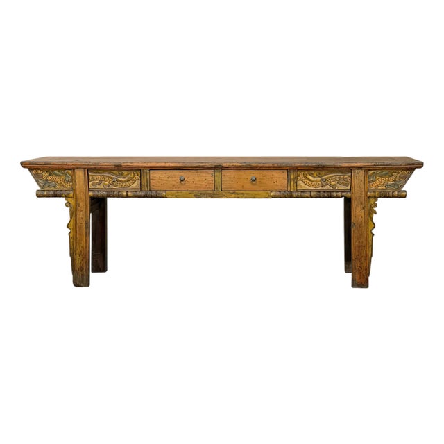 Vintage Chinese Orange Yellow Long Dragon Carving Console Table For Sale