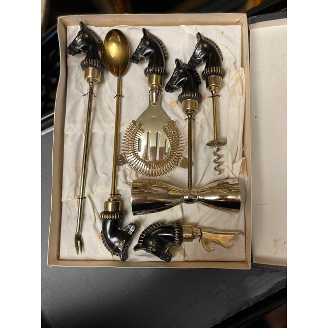 Ebony 50s/60s Fathers Brass Hermes-Style Horse Head Barware Set- 6 Pieces For Sale - Image 8 of 8