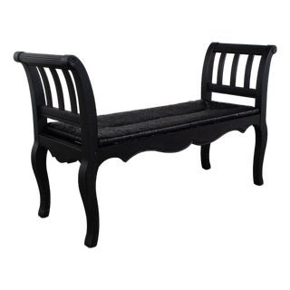 Late 20th Century French Country Black Painted Bench W/Woven Rush Seat & Cabriole Legs For Sale