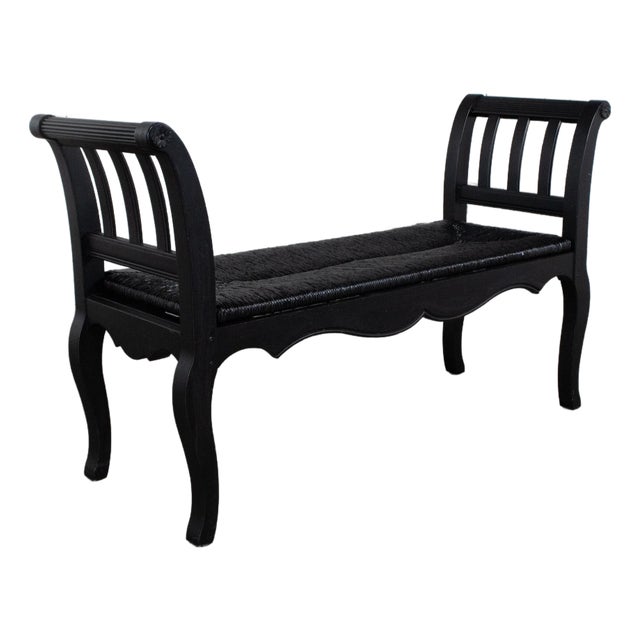 Late 20th Century French Country Black Painted Bench W/Woven Rush Seat & Cabriole Legs For Sale