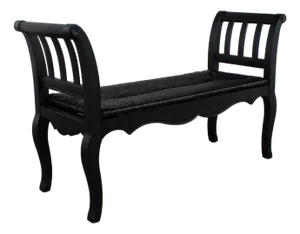 Late 20th Century French Country Black Painted Bench W/Woven Rush Seat & Cabriole Legs