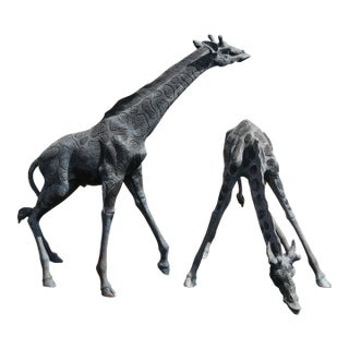 Vintage Pair of Large Bronze Giraffe Garden Sculptures – Outdoor Yard Art With Natural Patina For Sale