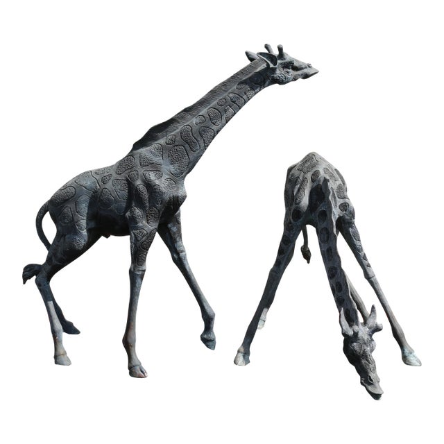 Vintage Pair of Large Bronze Giraffe Garden Sculptures – Outdoor Yard Art With Natural Patina For Sale