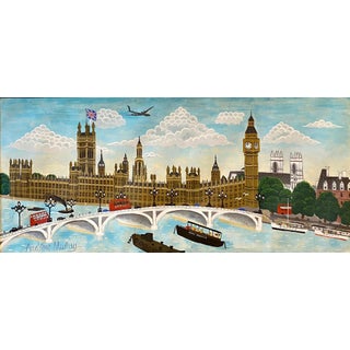Andrew Murray, Naive London Street Scene Folk Art Oil Painting Big Ben, Parliament, Union Jack For Sale
