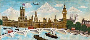 Andrew Murray, Naive London Street Scene Folk Art Oil Painting Big Ben, Parliament, Union Jack