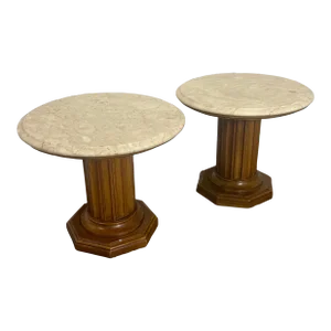MCM Mahogany & Marble Low Fluted Column Drink/Side Tables