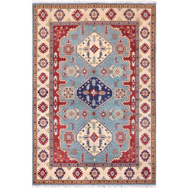 Boho Chic Kazak Blue/Beige Wool Rug - 5'8''x8'0'' For Sale - Image 9 of 10