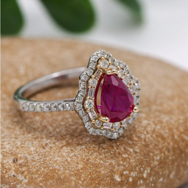 2ct Mozambique Ruby Ring with Natural Diamonds in Solid 14K Dual Tone Gold Pear Cut For Sale In Columbus - Image 6 of 10