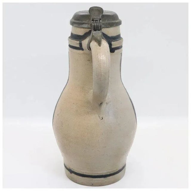 Traditional German Westwald Stoneware Pottery Pewter Mounted Ale Tankard For Sale - Image 3 of 10