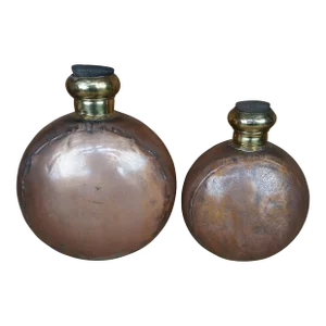 Late 20th Century Indian Dovetailed Copper Water Canteen Jug Flask Vessel Bottles With Cork- Set of 2