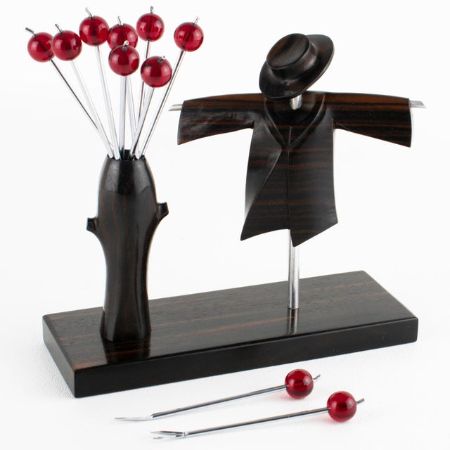 Art Deco 1930s Art Deco Cocktail Picks with Chrome and Macassar Wood Scarecrow For Sale - Image 3 of 9