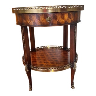 Side/Night Table Round With Metal Gallery and Inlaid Wood For Sale
