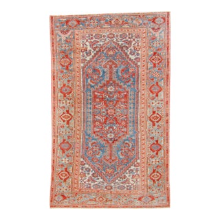 1930s Vintage Medallion Floral Rug Brick Red Blue Hand Knotted Wool Pile Rug - 4’ X 6’6” For Sale