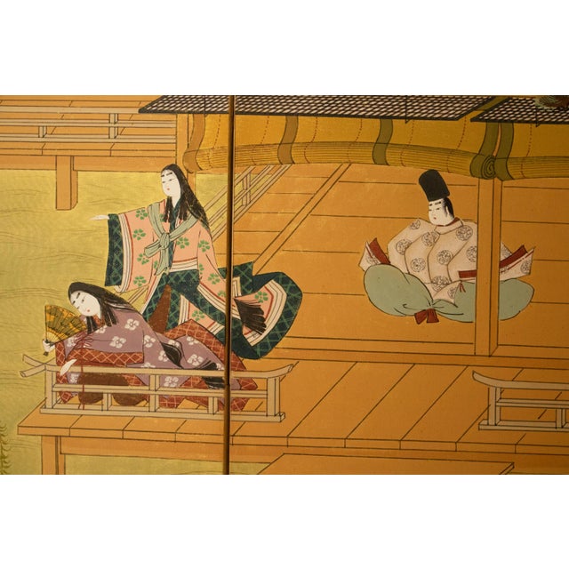 1970s "The Tale of Genji" Japanese Painted Silk Byobu Screen For Sale In Dallas - Image 6 of 18