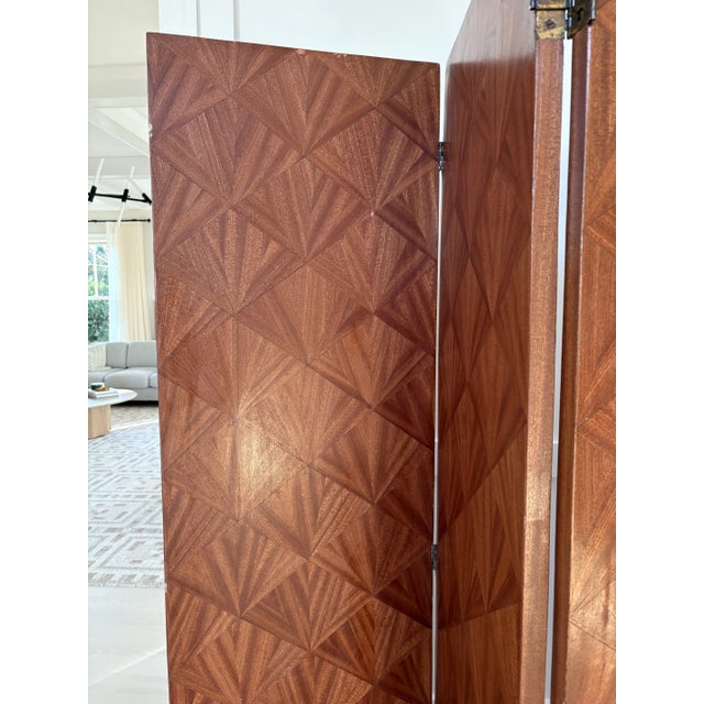 Stunning 3 panel marquetry room divider in the manner of Jean Michel Frank. One side has the famous fan motif and the back...
