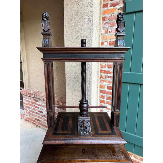 Wood Antique English Book Press Table Renaissance Carved Oak Ebonized Cabinet C1880 For Sale - Image 7 of 18