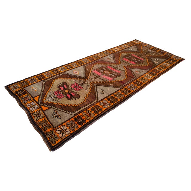 Vintage Hand Knotted Neutral Color Turkish Large Runner Rug - 4′5″ X 10′6″ For Sale - Image 6 of 11