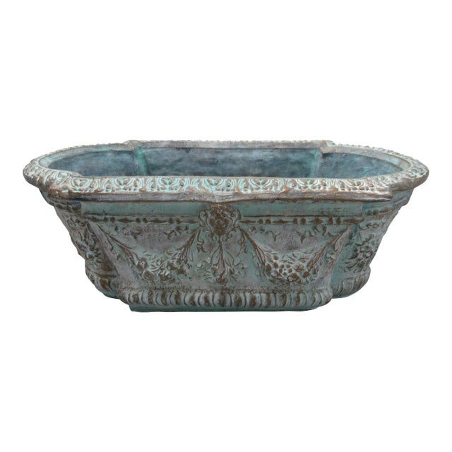 French Mediterranean-Style Tiffany Blue & Bronze Elongated Concrete Garden Planter For Sale