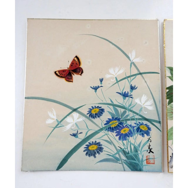 Vintage mid century Japanese watercolor on cardboard painting of butterflies and flowers. Signed lower right, silver and...