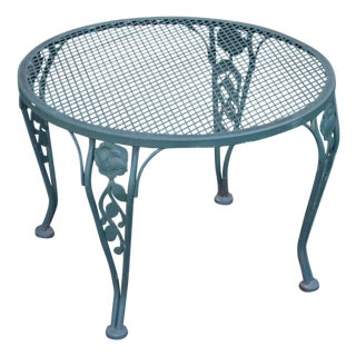 Wrought Iron Outdoor Round Mesh Top Patio Table With Floral Motif For Sale