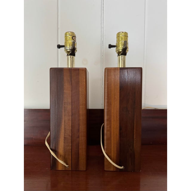 Wood Mid 20th Century Mid Century Modern Solid Walnut Block Lamps a Pair For Sale - Image 7 of 7