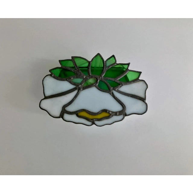 Vintage Stained Glass & Clear Glass Lidded Floral Box For Sale - Image 4 of 13