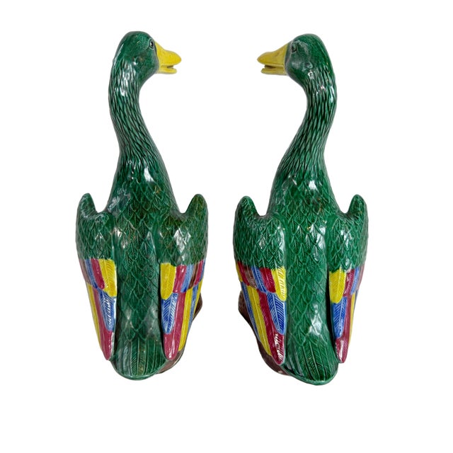 Mid 20th Century Chinese Export Hand-Painted Polychrome Ceramic Mallard Ducks - A Pair For Sale In Houston - Image 6 of 10