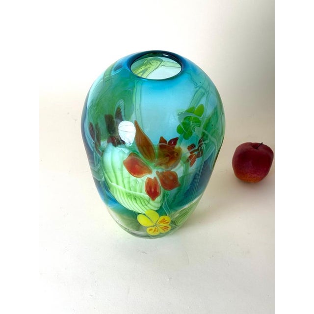 Aquamarine Murano Glass Vase with Star-Shaped Florals by Berit Johansson, 1980s For Sale - Image 3 of 18
