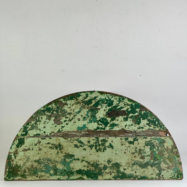 Early 20th Century Demilune Shaped Hand Constructed Wooden Accent Table in Naturally Distressed Avocado Green For Sale - Image 4 of 13