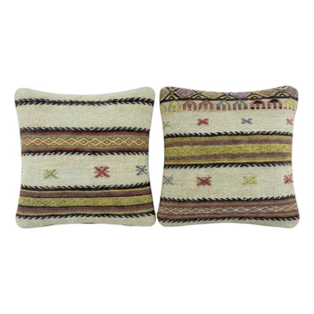 Turkish Oushak Kilim Pillow Cover 16'' X 16'' - Set of Two For Sale