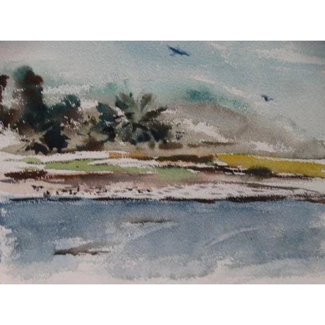 Interesting look at what we think is a war beach view from the Pacific Theater, WWII. Watercolor, unsigned, 11 x 9.
