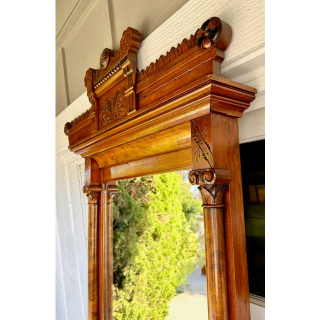 1880s Eastlake Aesthetic Movement Walnut Hall Mirror With Marble Shelf & Drawer For Sale - Image 13 of 16
