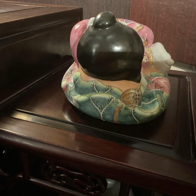 Vintage Ceramic Glazed Little Girl Figurine Resting on a Pillow For Sale In Palm Springs - Image 6 of 8