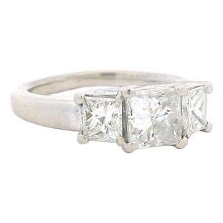 Vintage Three-Stone Princess Cut Diamond Ring, 14k White Gold, 1.75 Carats, Size 4.5 For Sale