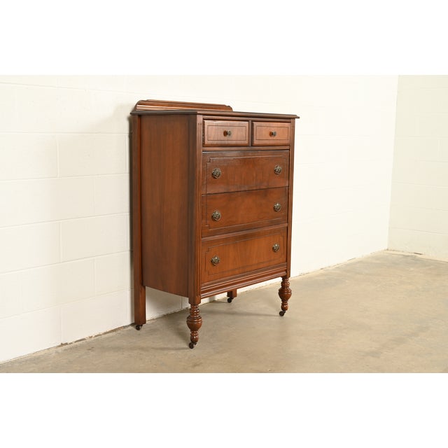 French Berkey & Gay Style Antique French Regency Louis XVI Walnut Highboy Dresser, Circa 1930s For Sale - Image 3 of 14