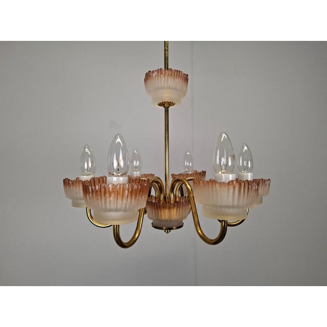Mid-Century Czech Brass and Frosted Glass 6-Arm Chandelier, Železný Brod, 1960s For Sale - Image 13 of 18