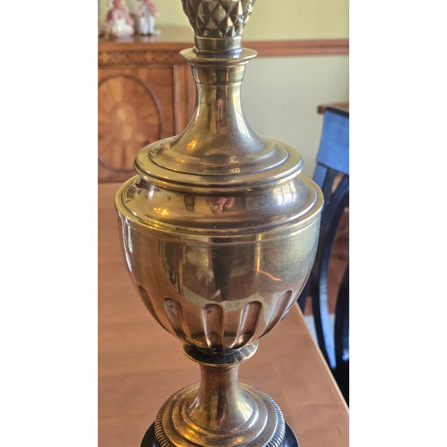 1950s Vintage Stiffle Brass Lamp With Chinoiserie Shade For Sale - Image 5 of 13